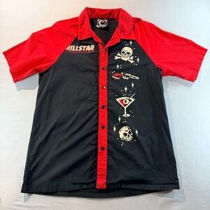Killstar Gothic Bowling Shirt Red Black Skull Rockabilly Button Up Mens